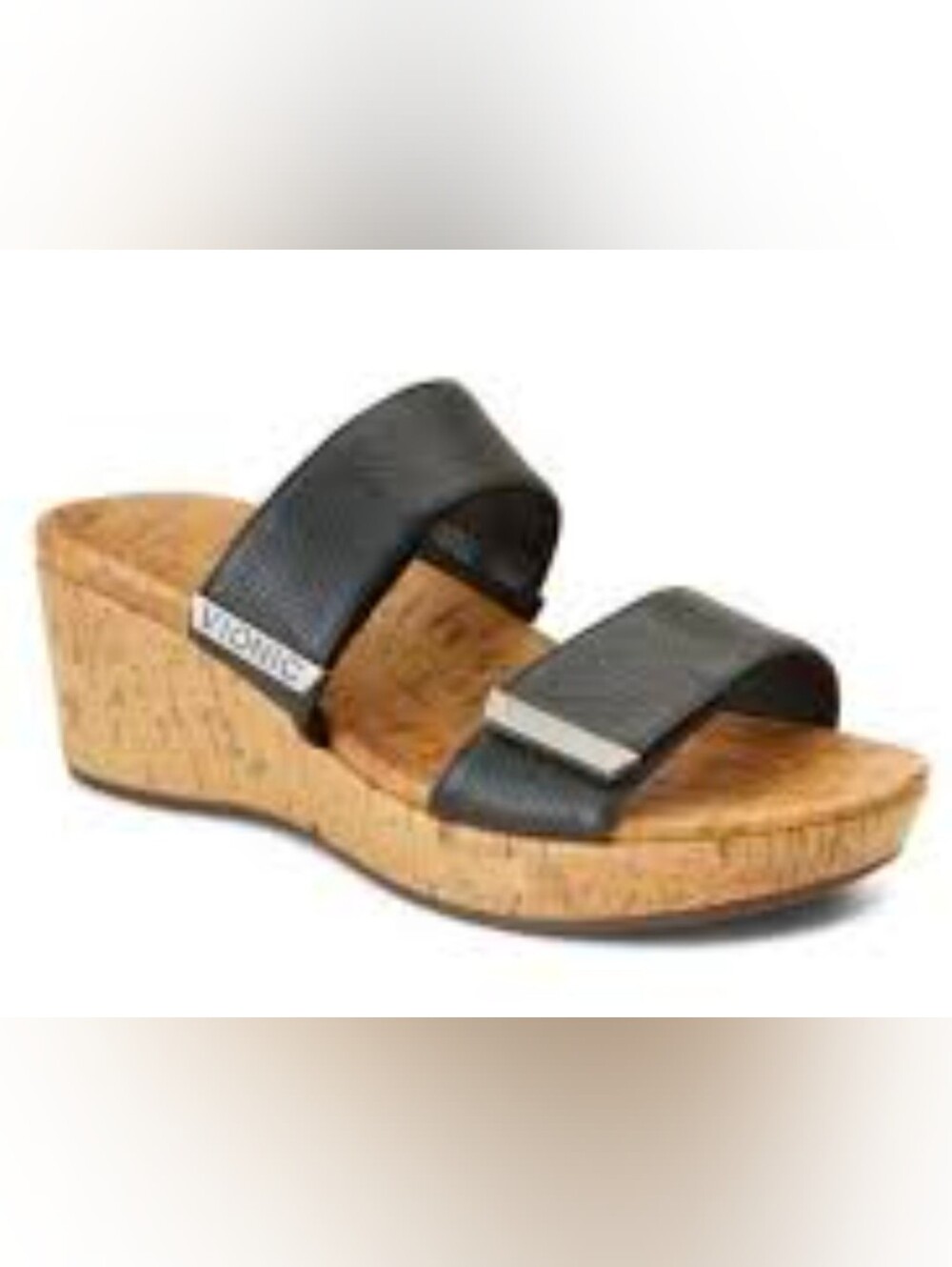 VIONIC Pepper Black Leather Cork Platform Adjustable Strap Sandals Sz 8